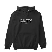 a black hoodie with the word glity on it