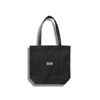 a black tote bag with a white logo on it