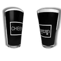 two black and white pint glasses with the word cheers on them